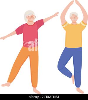 Retired people training flat vector illustration. Physical exercise. Healthy lifestyle. Old couple spends time together. Pensioners are doing yoga Stock Vector