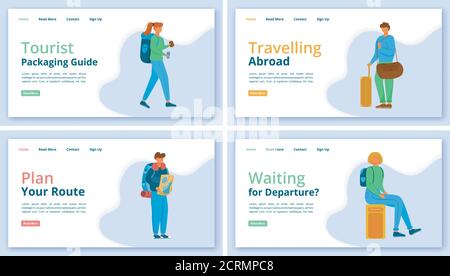 Travel agency landing page vector template set. Vacation trip website interface idea with flat illustrations. Holiday journey homepage layout. Tourism Stock Vector