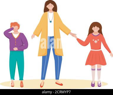 Trouble relationship flat vector illustration. School pupils communication. Conflict between children. Teacher, parent as a mediator. Solving dispute Stock Vector