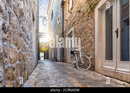 Narrow European street in the Old Town of Budva, Montenegro Stock Photo