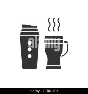 Reusable glass coffee and tea cup glyph black icon. Thermos for take away. Zero waste lifestyle. Eco friendly. Sign for web page, app, promo. UI UX Stock Vector