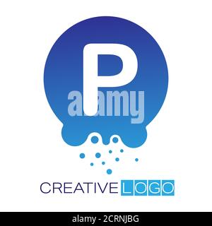Creative logo. The letter P on a round dot with splashes. Vector illustration for logo, sticker, brand, sticker isolated on white background. Stock Vector