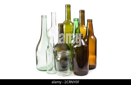 Various empty glass packages isolated on white background. Recycling concept Stock Photo