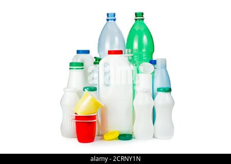 Various empty plastic packages isolated on white background. Recycling concept Stock Photo