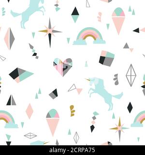 Seamless pattern with unicorns, clouds,stars, diamond, ice cream. Vector background illustration Stock Vector