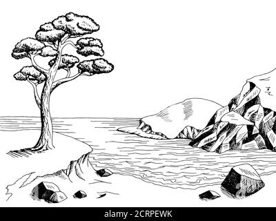 Sea coast graphic art pine black white landscape illustration vector Stock Vector