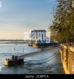 Cologne, Northrhine Westfalia / Germany - September 15th 2020 - Panoramic view on Rheinauhafen with the Chocolate Museum and Crane houses Stock Photo