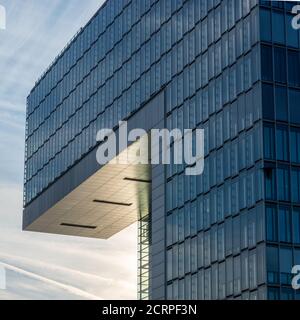 Cologne, Northrhine Westfalia / Germany - September 15th 2020 - View of a detail of a futuristic office building called Kranhaus at Rheinauhafen Colog Stock Photo