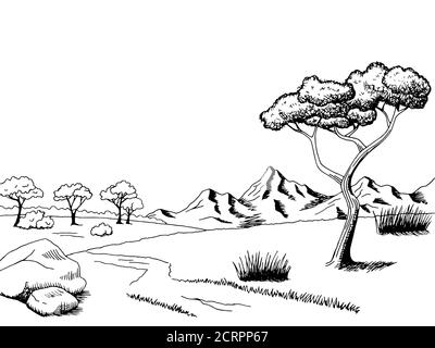 Savannah pathway graphic art black white landscape sketch illustration vector Stock Vector