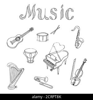 Music instrument set graphic art black white isolated illustration vector Stock Vector