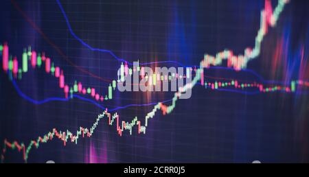 Stock market business graph chart on digital screen. Stock prices chart and Candle stick tracking for Forex market, Gold market and Crude oil market. Stock Photo