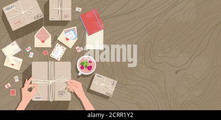 Hands and parcels on the table. Top view. Envelopes, post stamps, postcards, delivery boxes and stationery on the table. Vector horizontal background Stock Vector