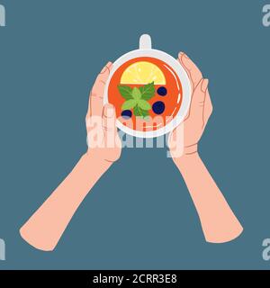 Two hands holding white cup of tea with lemon, mint and berries. Top view. Vector illustration in flat cartoons style. Tea Break, Cup Mug with hot dri Stock Vector