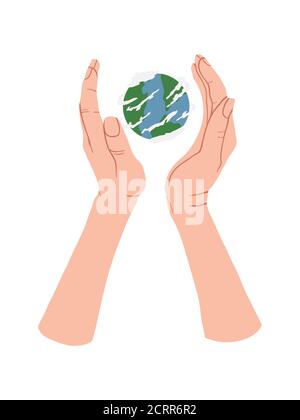 Hand holding Globe earth on white background. Vector eco design for social poster, banner or card on the theme of saving the planet in flat style. Stock Vector