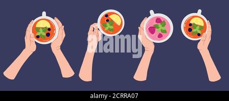 Hands in different poses holding white cup of tea with lemon, mint and berries. Top view. Vector collection in flat cartoons style. Tea Break, Cup Mug Stock Vector