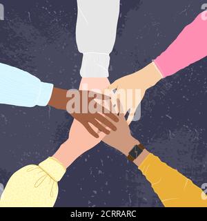 Hands of multiethnic people making unity, togetherness, support and solidarity gesture. Flat vector cartoons design. Concept of community, support, pa Stock Vector