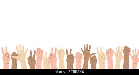 Colorful up hands set with different gestures. Different but equal and diversity skins hands up, multiethnic community. Vector border in flat cartoons Stock Vector
