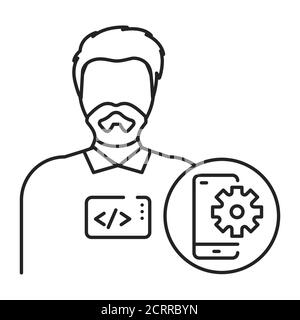 Mobile app developer black line icon. The software engineer is engaged in testing and programming applications. Icon for web page, mobile app, promo Stock Vector