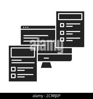 Front-end development black glyph icon. Practice of converting data to a graphical interface, through the use of HTML, CSS, and JavaScript. UI UX GUI Stock Vector
