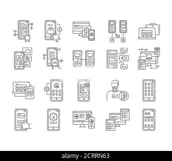 App development black line icons set. Creating and using a mobile application. Pictograms for web page, mobile app, promo. UI UX GUI design elements Stock Vector