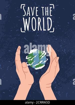 Happy Earth Day! Save the World. Hand holding Globe earth on blue background with grunge texture. Vector eco design for social poster, banner or card Stock Vector