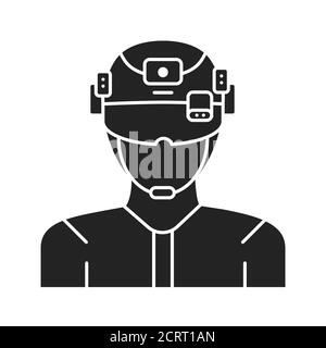 Augmented reality in military black glyph icon. Man in VR helmet. Pictogram for web page, mobile app, promo. UI UX GUI design element. Stock Vector