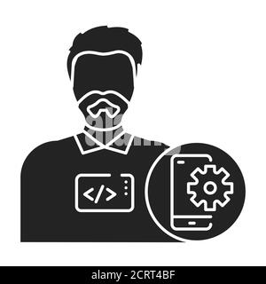 Mobile app developer black glyph icon. The software engineer is engaged in testing and programming applications. Icon for web page, mobile app, promo Stock Vector