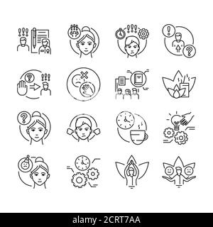 Self control black line icons set. Ability to regulate one's emotions, thoughts, and behavior in the face of temptations Pictogram for web page Stock Vector