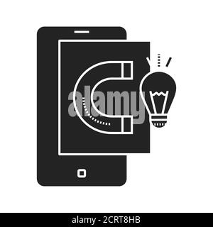 Gathering ideas black glyph icon. Search and analysis of information in smartphone. Pictogram for web page, mobile app, promo. UI UX GUI design Stock Vector