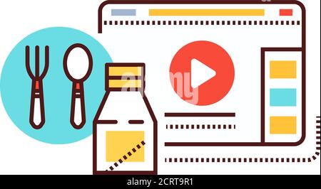 Food blog web site color line icon. Cooking video streaming. Online recipes sign. Pictogram for web page, mobile app, promo. UI UX GUI design element Stock Vector