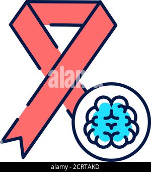 Dementia awareness line color icon. Red ribbon with the brain. World mental health day concept. Sign for web page, mobile app, logo. Editable stroke Stock Vector