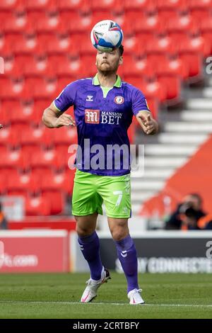 Stoke, Staffordshire, UK. 20th Sep, 2020. 20th September 2020; Bet365 Stadium, Stoke, Staffordshire, England; EFL Championship Football, Stoke City versus Bristol City; Chris Martin of Bristol City brings down the high ball Credit: Action Plus Sports Images/Alamy Live News Stock Photo