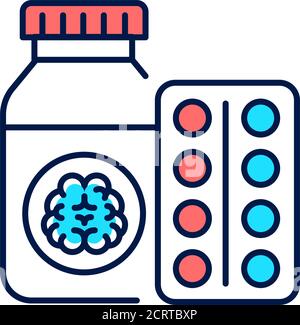 Pill bottle and blister line color icon. Pharmaceutical product. Dementia treatment. Sign for web page, mobile app, button, logo. Editable stroke. Stock Vector