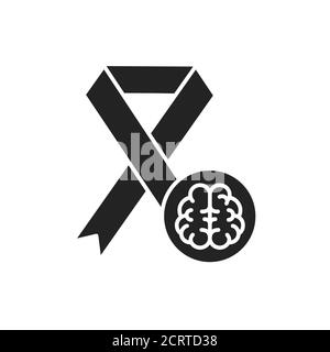 Dementia awareness glyph black icon. Red ribbon with the brain. World mental health day concept. Sign for web page, mobile app, logo. Stock Vector
