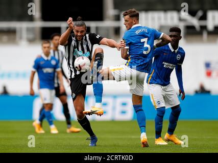 Newcastle United's Andy Carroll (left) and Brighton and Hove Albion's Ben White battle for the ball during the Premier League match at St James' Park, Newcastle. Stock Photo