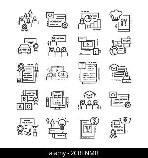 Courses training black line icons set. Investing in yourself. People skill development. Pictograms for web page, mobile app. UI UX GUI design element Stock Vector