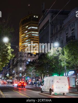 Belgrade / Serbia - November 24, 2019: King Milan street, central avenue of Belgrade, with Belgrade Palace high-rise building in the background Stock Photo