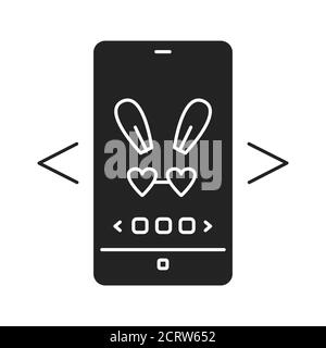 Digital face application black glyph icon. Photo filter bunny ears in smartphone. Pictogram for web page, mobile app, promo. UI UX GUI design element. Stock Vector