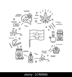 Cannabis web banner. CBD, THC narcotic substance. Alternative to medicine product. Infographics with linear icons on white background. Creative idea Stock Vector