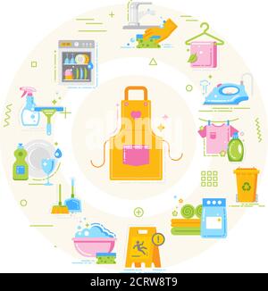 Cleaning service web banner. Housekeeping. Cleaner products. Infographics with linear icons on white background. Creative idea concept. Isolated Stock Vector