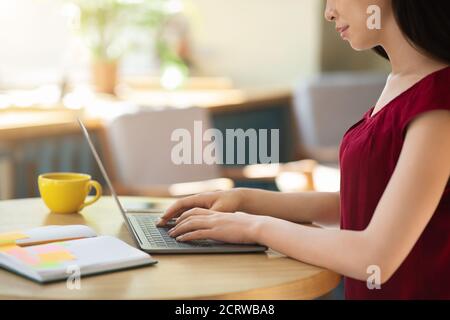 Online Correspondence. Asian woman using laptop in cafe, answering business emails letters Stock Photo