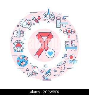 Cancer web banner. Oncology medical diagnostic. Malignant neoplasms. Infographics with linear icons on red background. Creative idea concept. Isolated Stock Vector