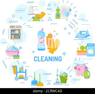 Cleaning service web banner. Housekeeping. Cleaner products. Infographics with linear icons on white background. Creative idea concept. Isolated Stock Vector