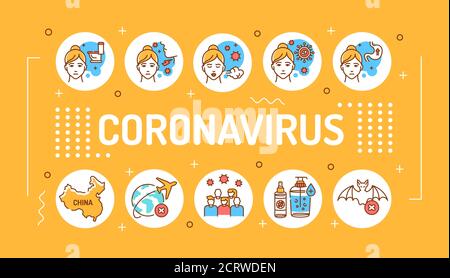Wuhan Novel coronavirus 2019-nCoV lettering typography. Symptoms dangerous chinese virus. Infographics with linear icons on yellow background Stock Vector