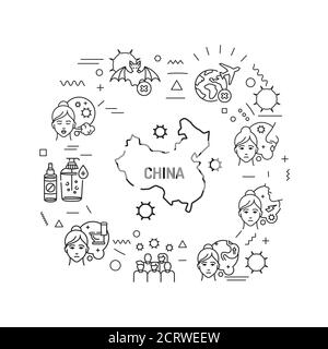 Wuhan Novel coronavirus 2019-nCoV web banner. Symptoms dangerous chinese virus. Infographics with linear icons on white background. Creative idea Stock Vector
