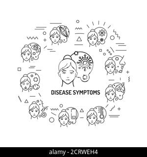Disease symptoms web banner. Viral diseases, colds. Infographics with linear icons on white background. Creative idea concept. Isolated outline black Stock Vector