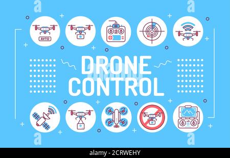 Drone automatic unmanned control word lettering typography. Aircraft devices. Infographics with linear icons on blue background. Creative idea concept Stock Vector