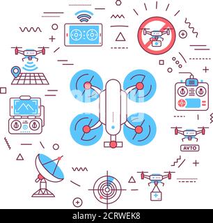 Drone automatic unmanned control web banner. Aircraft devices. Infographics with linear icons on white background. Creative idea concept Stock Vector