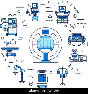 Medical device web banner. MRI, anesthesia machine, syringe pump, dropper. Infographics with linear icons on white background. Creative idea concept Stock Vector