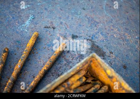 Old metal studs covered in rust, close-up, selective focus Stock Photo